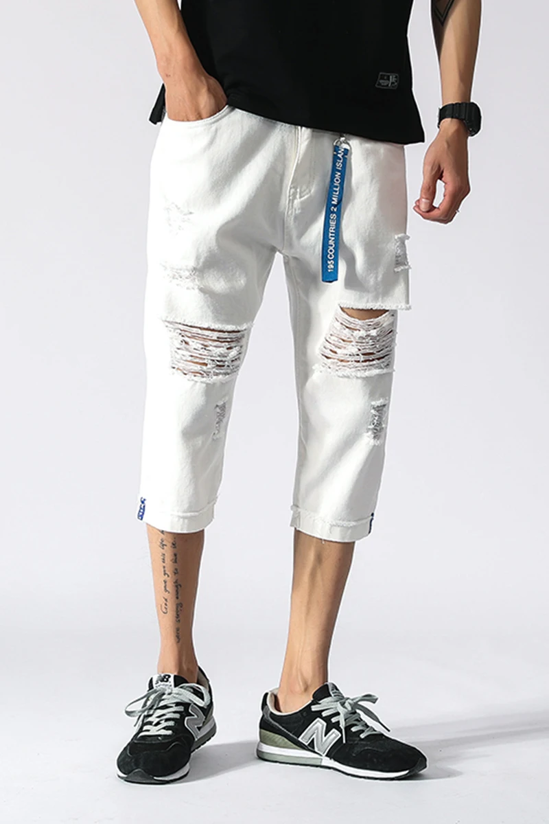 

Men High Quality Cotton Solid Color Hole Hip Hop Style Denim Calf-Length Pants Men Pop Fashion Denim Shorts Asian 28-52