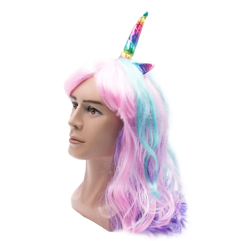 Красочный Единорог длинный кудрявый Custume Косплей искусственные волосы