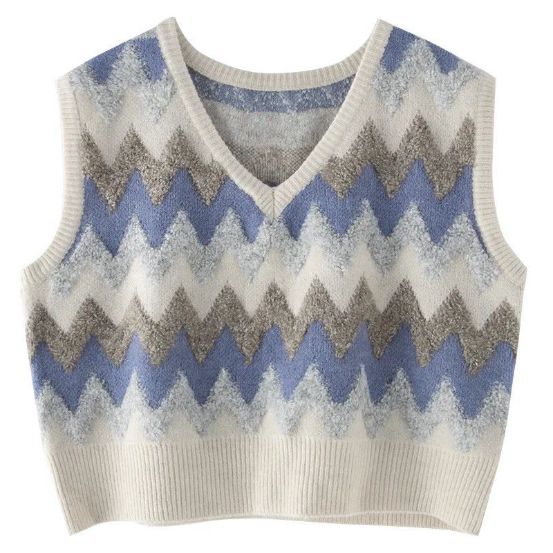 

Kimotimo Jacquard Sweater Vest Women 2021 Autumn Sweet V-neck All-match Waistcoat Japan Style Casual Short Knitted Vests Femme