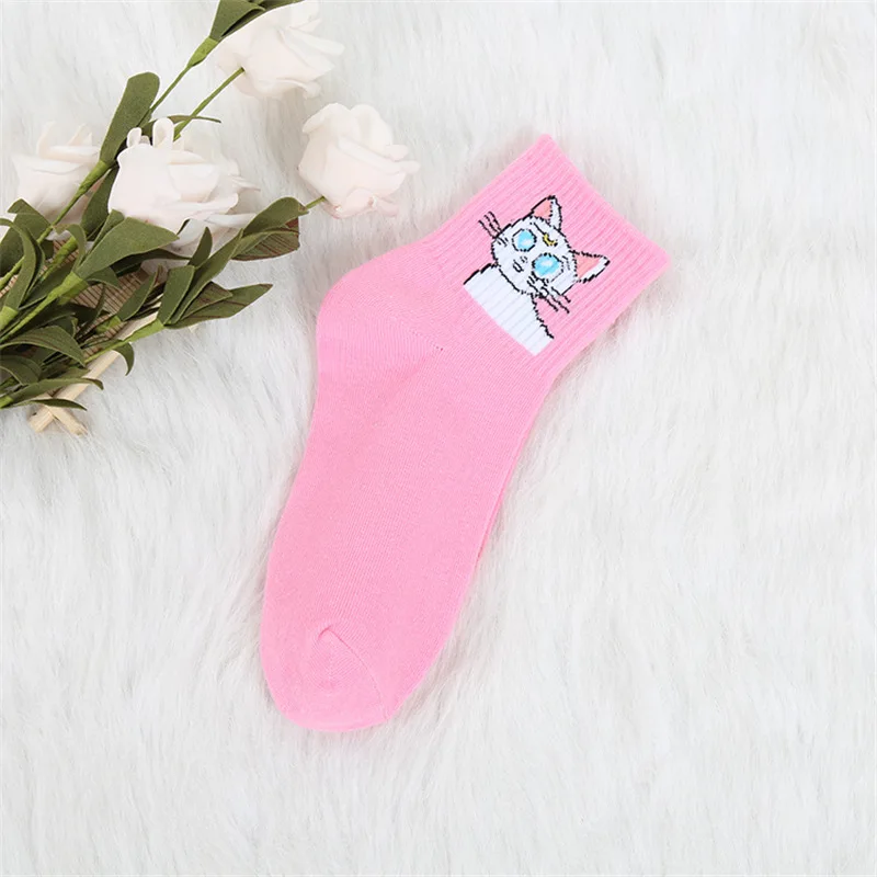 Pink Cat Хлопковые повседневные женские носки в стиле хараджуку с рисунком кактуса и огня; короткие носки для влюбленных; Calcetines; Прямая поставка - Цвет: Pink Cat