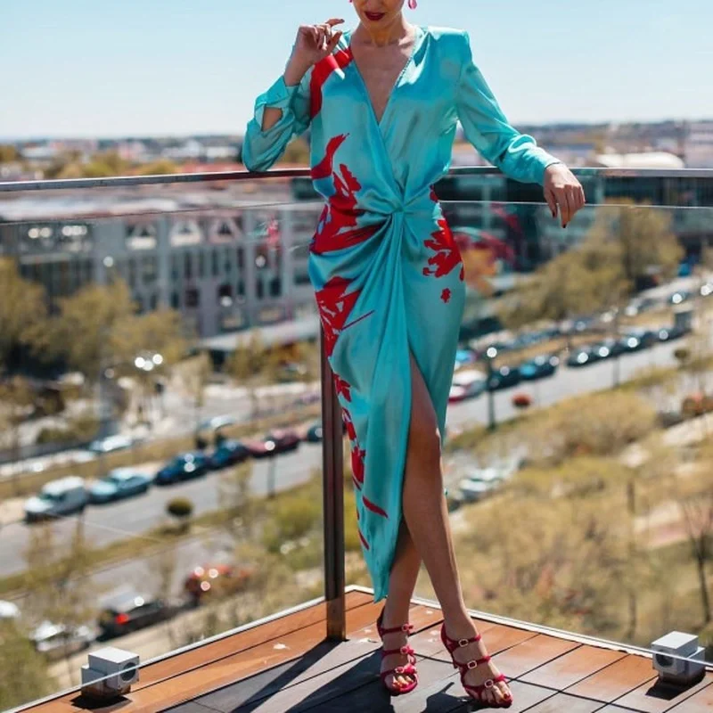 

2021 Spring Autumn New Sexy Long Dress Women Vintage Chiffon V-neck Full Sleeve High Waist Thin Asymmetrical Bodycon Maxi Dress