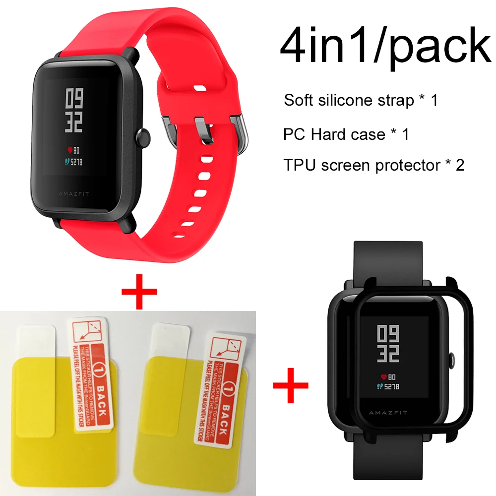 4в1 силиконовый ремешок спортивный браслет чехол для Xiaomi Huami Amazfit Bip BIT умные часы аксессуары - Цвет: Red-Black case