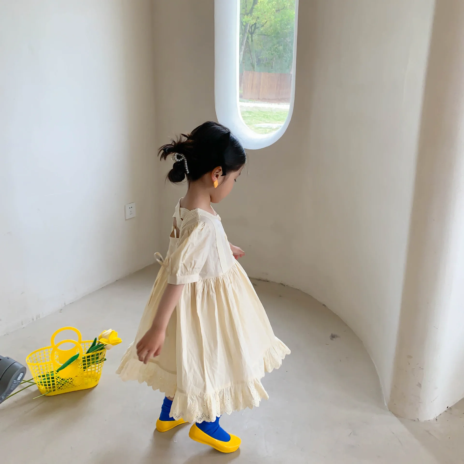 

2021 Summer New Korean Children's Clothing Girls' Cotton Lace Princess Dress Back Cross Dress Short Sleeve Children's Skirt