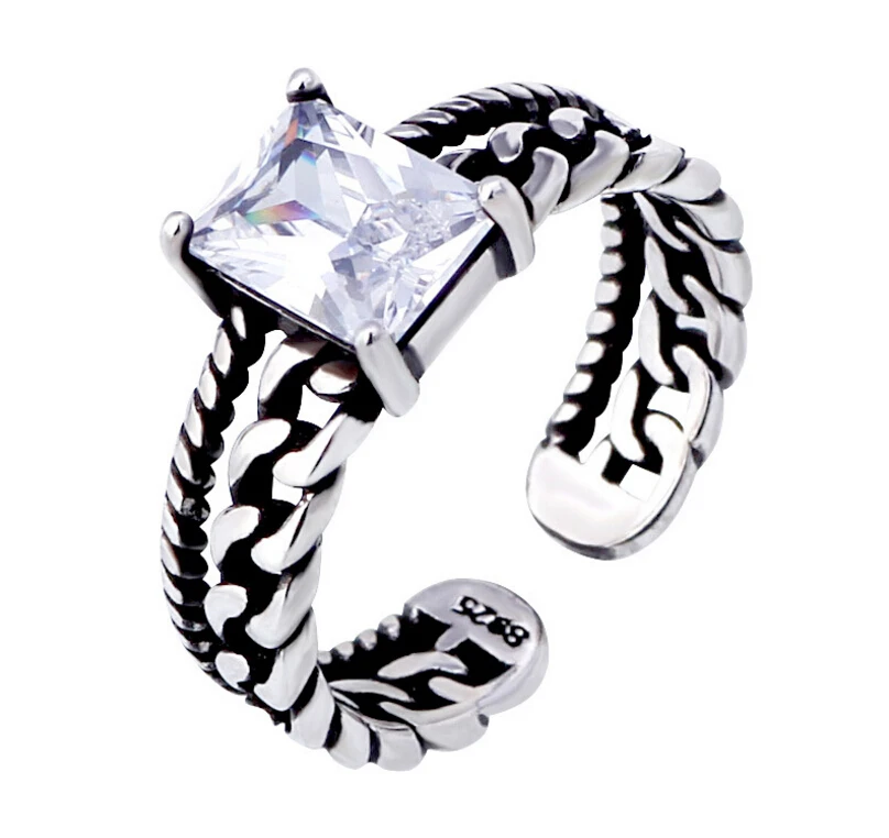 

Evimi Vintage 925 Standard Silver Tricolor Zircon Twisted Chain Opening Rings For Men Women Thai Silver Ring S-R01