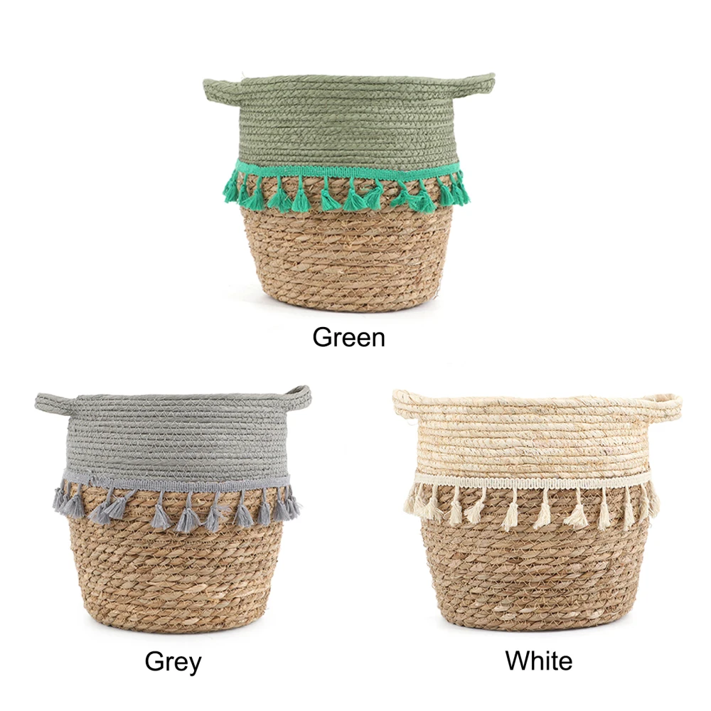 Hand-woven Basket Storage Bucket Plant Container Waterproof Straw With Tassels Suitable For Indoor Home 16*16*13cm Flower Pot | Дом и сад