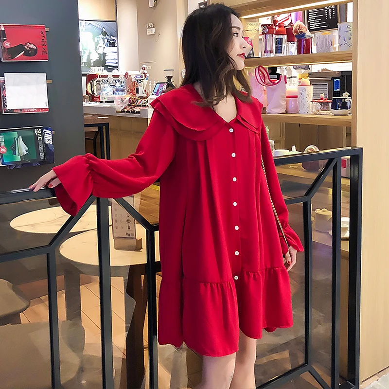 Осеннее платье для беременных женщин двухслойное с воротником Питер Пэн и