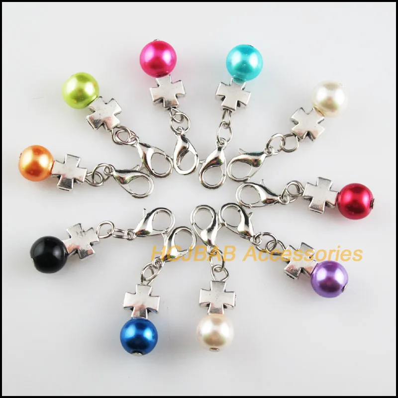 

10 New Cross 8.5x20mm Charms Mixed Ball Glass Tibetan Silver Plated Retro With Lobster Claw Clasps