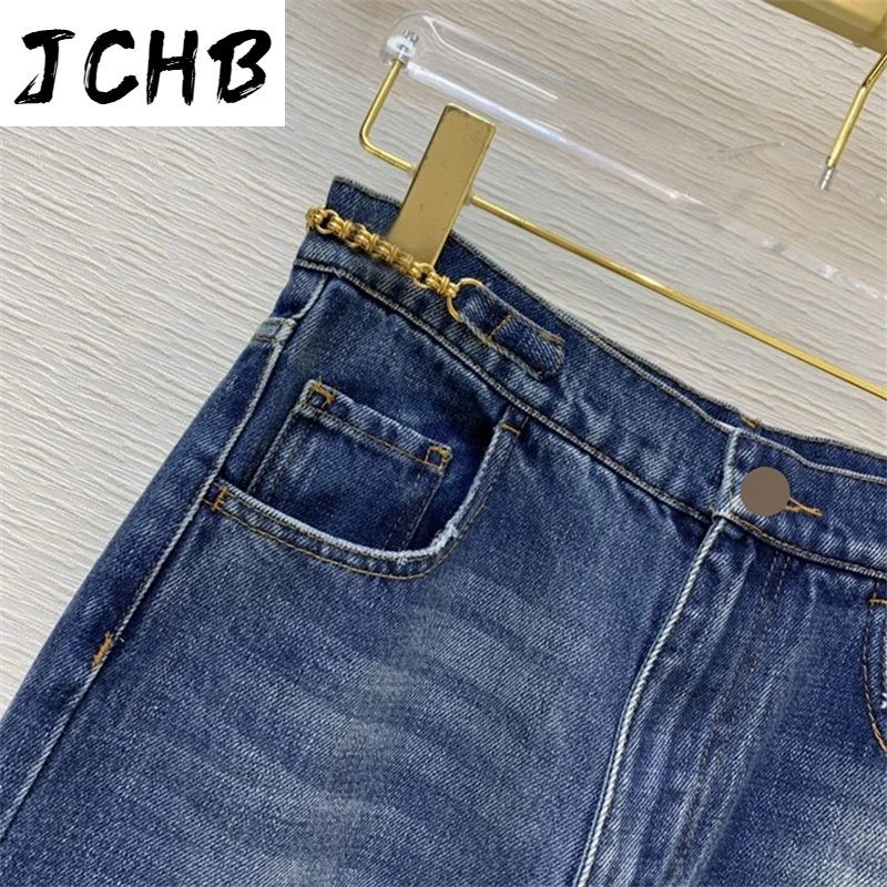 Straight Trends Fashion Women 2021 New Metal Decorative High Waist Slim Casual Cotton Office Lady Washed Jeans Pants
