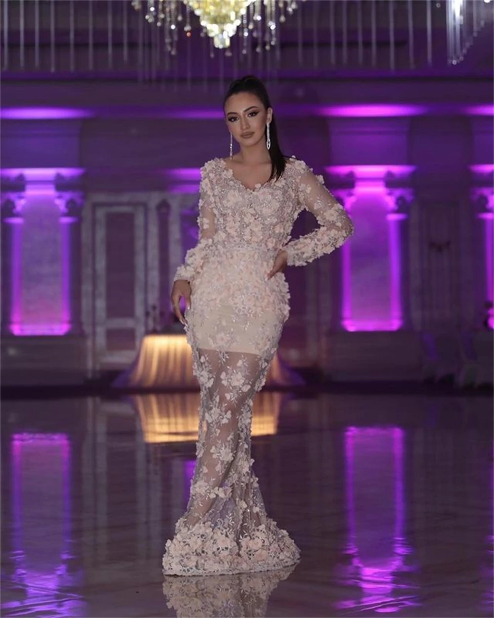 

Женское вечернее платье с юбкой-годе, длинное роскошное официальное платье невесты, элегантное платье для выпускного вечера с длинным рука...