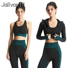 Бесшовный комплект JALIVANFIT из 3 предметов для йоги, женский спортивный костюм, леггинсы с высокой талией, спортивная одежда для спортзала, укороченный топ с длинным рукавом, спортивные костюмы