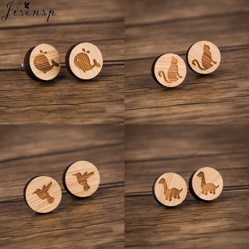 Jisensp Круглые деревянные серьги с животными простого дизайна, прелестные сердечки с китом и кошкой, модные украшения для женщин и детей, лучший подарок