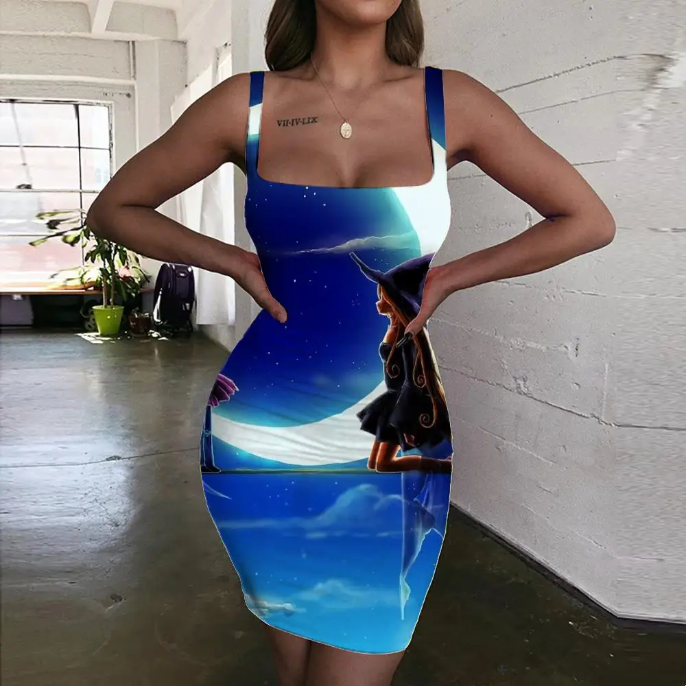 

KYKU Moon Dress Women Halloween Bodycon Dress Galaxy Sundress Romantic Halter Sleeveless Womens Clothing Plus Size New Boho
