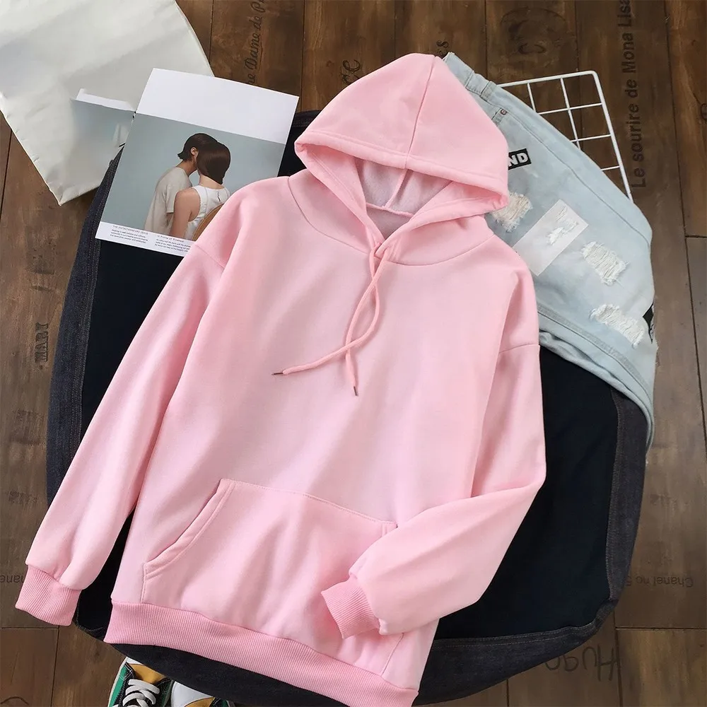 

Womens Korean Simple Student Hoodie Couple Fashion Plus Velvet Hooded Sweater Casual Hoodie Solid Color Cloose Style