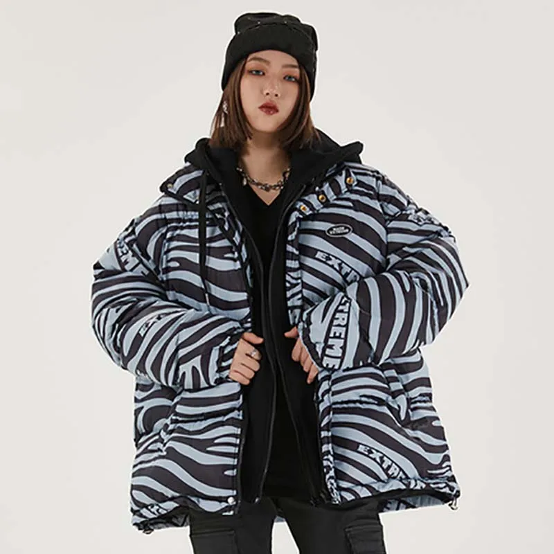 

Mens Thick Fake 2 Pieces Zebra Striped Print Parkas HipHop Jackets Streetwear 2020 Unisex Cotton Padded Oversized Outwear Coats