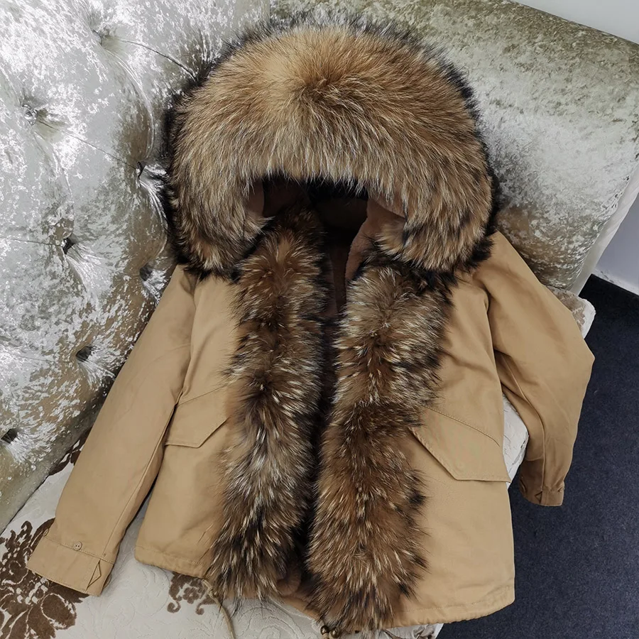 MAOMAOKONG Winter Clothes Women Natural Fur Coat Real Raccoon Fur Collar Parkas Remove Faux Fur Lining Warm Thick Short Jacket