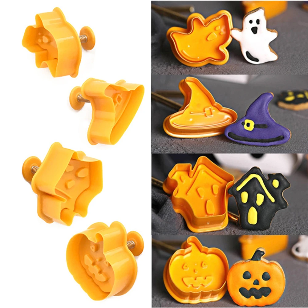 

4pcs/set Halloween Baking Cookie Mold Set Pumpkin Ghost Cap Shape Cookie Cutter Mold Diy Handmade Fondant Cake Decorating Tools