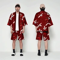 crane 3d two piece suit plus size japanese cardigan women men cosplay yukata clothing harajuku samurai kimono shorts sets