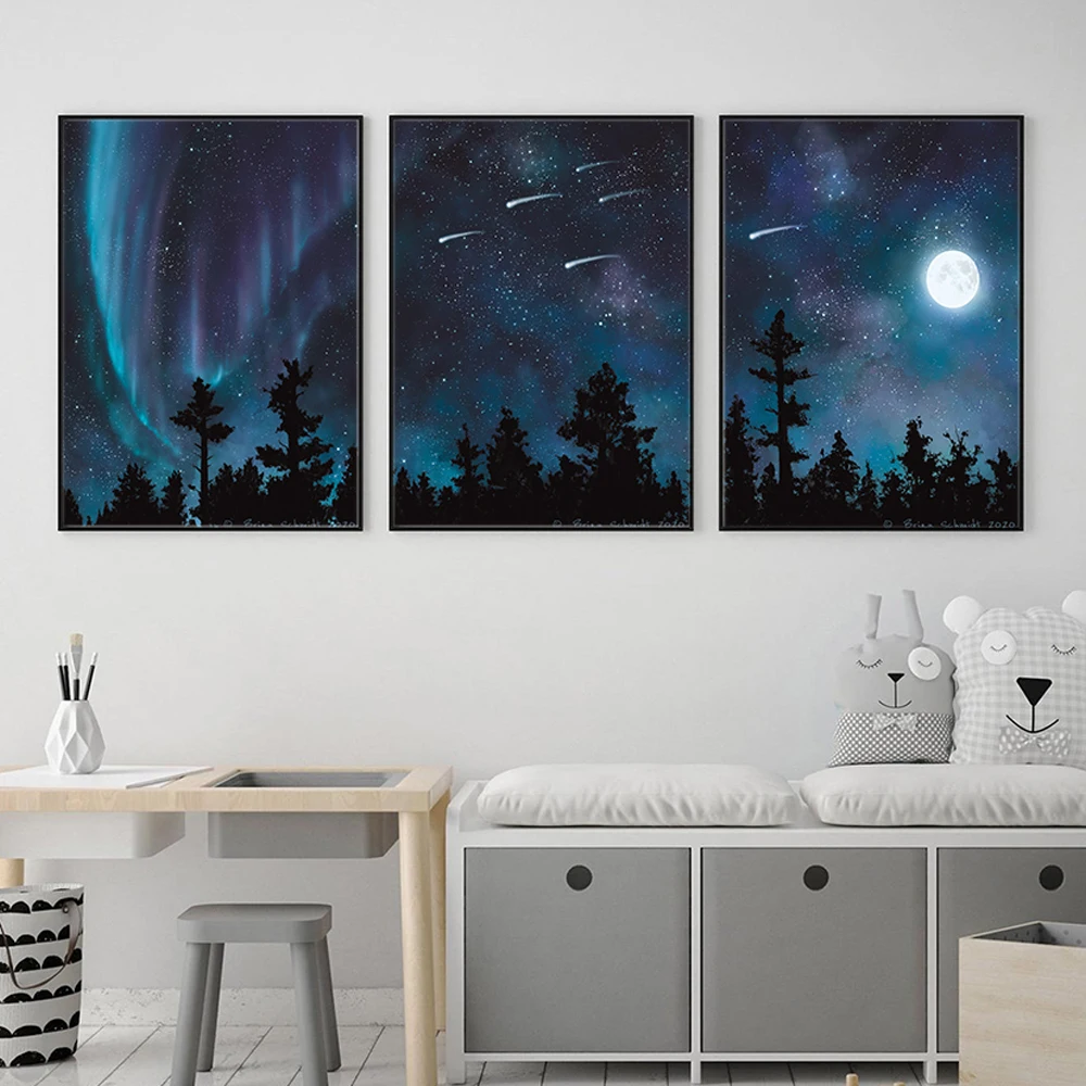 

Aurora Borealis Shooting Stars Moon Trees Canvas Posters natural scenery Painting Wall Art Print Nordic Kids Room Decor Pictures