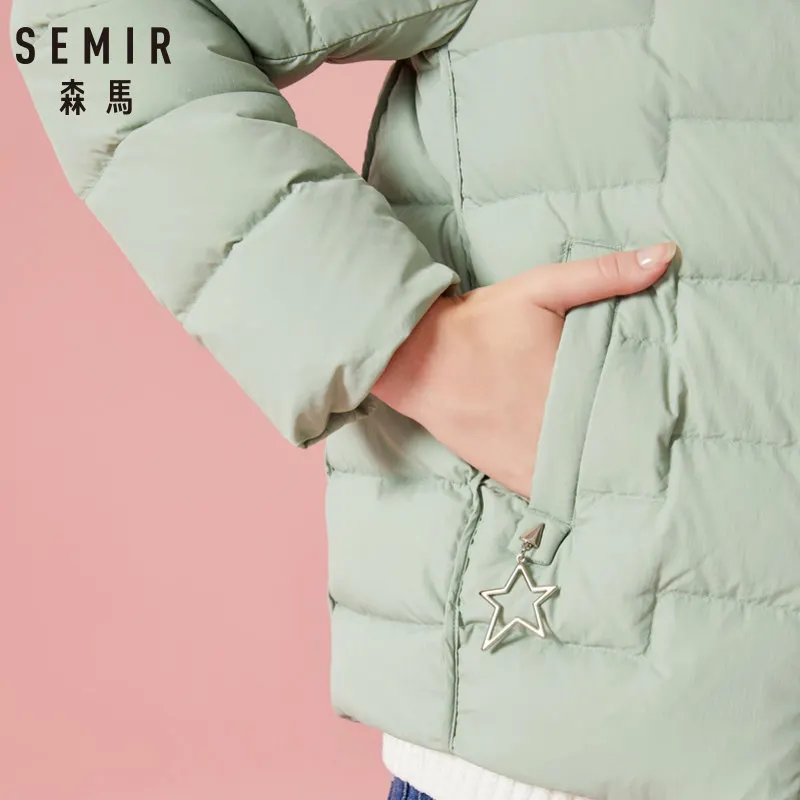 SEMIR женский стеганый легкий короткий пуховик с капюшоном с наклонным карманом, Женская пуховая куртка на подкладке
