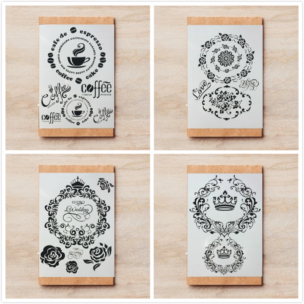 

4Pcs A4 29cm Vintage Coffee Crown Words DIY Layering Stencils Painting Scrapbook Coloring Embossing Album Decorative Template