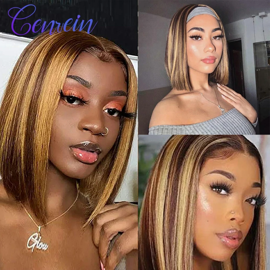 

Genrein 4/27 Straight Bob Highlight Lace Frontal Wigs Malaysian Human Remy Hair Wigs 13x6 Transparent Lace Frontal Wig For Women