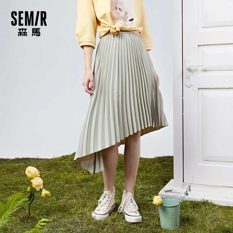 

SEMIR Women Half-Length Skirts Drape Bright Surface Pleated Skirt Irregular A-Line Spring 2021 New Skirt Elastic Waist