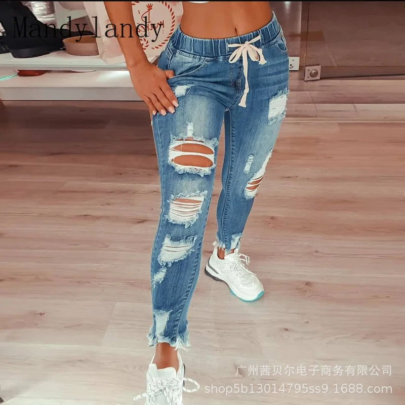 

Mandylandy Women's Fashion Broken Holes Denim Jeans Drawstring Ripped Hip Hop Pencil Pants