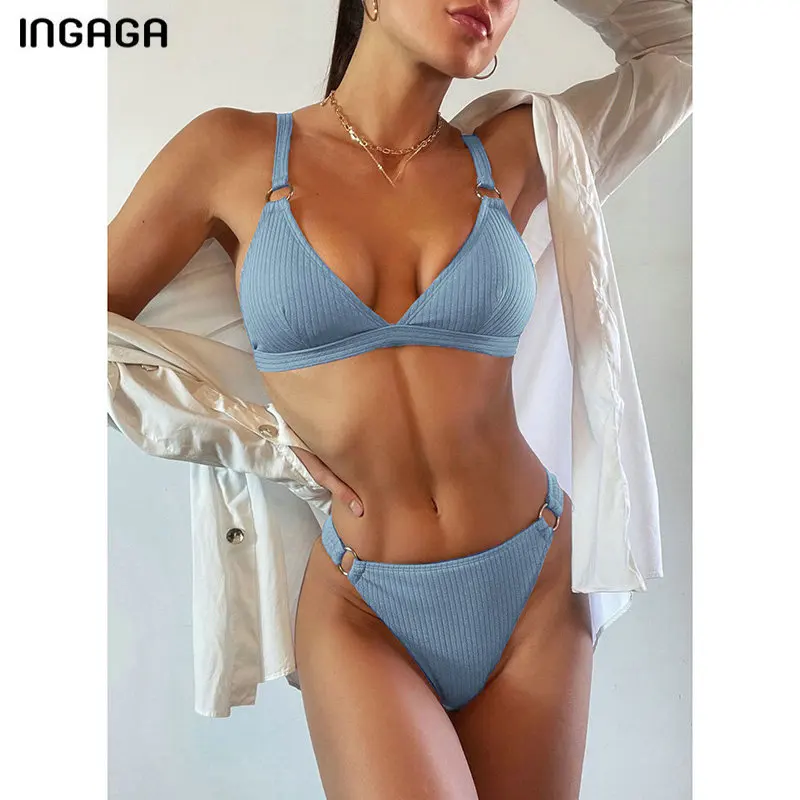 Бикини женское в рубчик со средней талией с эффектом пуш-ап лето 2021 | Женская