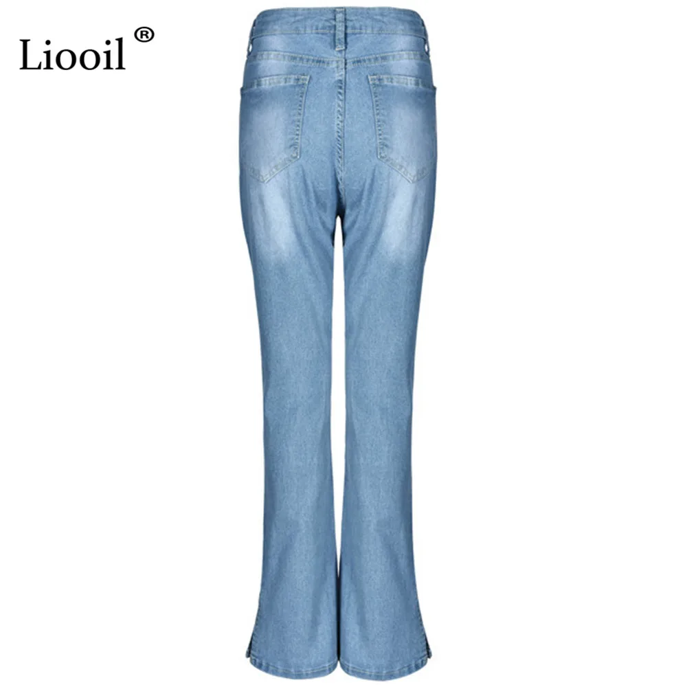 

Liooil High Waist Ripped Slit Flare Jeans For Women Black Blue Denim Trousers With Pockets Sexy Skinny Bell Bottoms Jean Pants