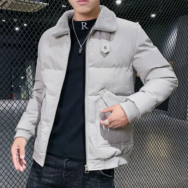 

Winter Solid Cotton-Padded Parkas Coat Men Casual Fur Collar Corduroy Jacket Male Thick Fleece Overcoat Streetwear