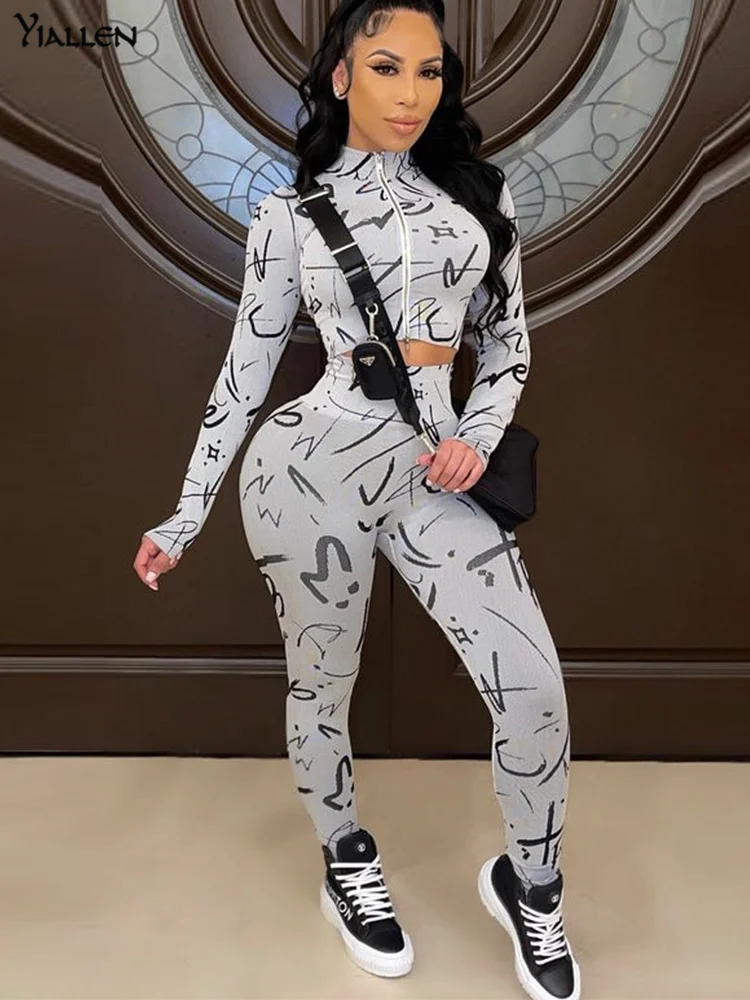 

Yiallen New Art Print Two Piece Set Women Hipster Zipper Long Sleeve Top+Slim Body-Shaping Pencil Pants Female Matching Outfits
