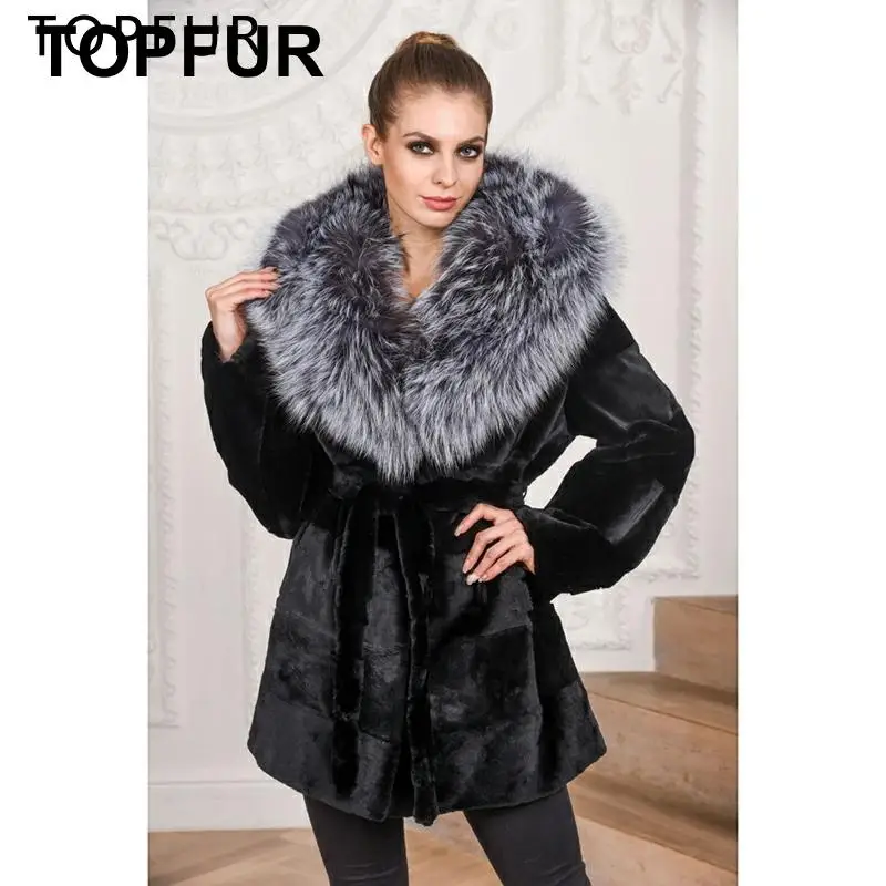 TOPFUR, Новое поступление, натуральное меховое пальто для женщин, зимняя натуральная куртка с мехом кролика рекс с капюшоном из меха серебристой лисы, толстое теплое Женское пальто