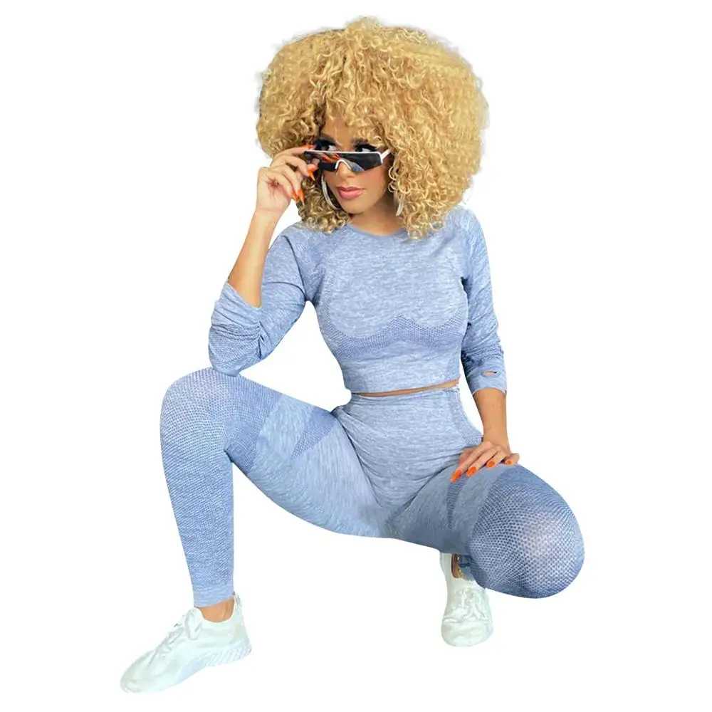 

Autumn 2020 new solid color women's sports suit slim fit o-neck long sleeve T-shirt and pants fashion set