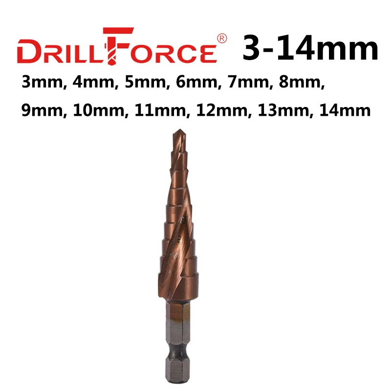 

DRILLFORCE Ступенчатое сверло M35 5% кобальт 3-12/3-14/4-12-20/4-22/4-25/4-32/5-21/5-27/6-24 мм