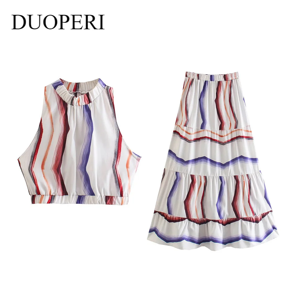 

Комплект из двух предметов DUOPERI Женский, укороченный топ без рукавов с круглым вырезом и юбка миди с эластичным поясом, шикарные женские ком...