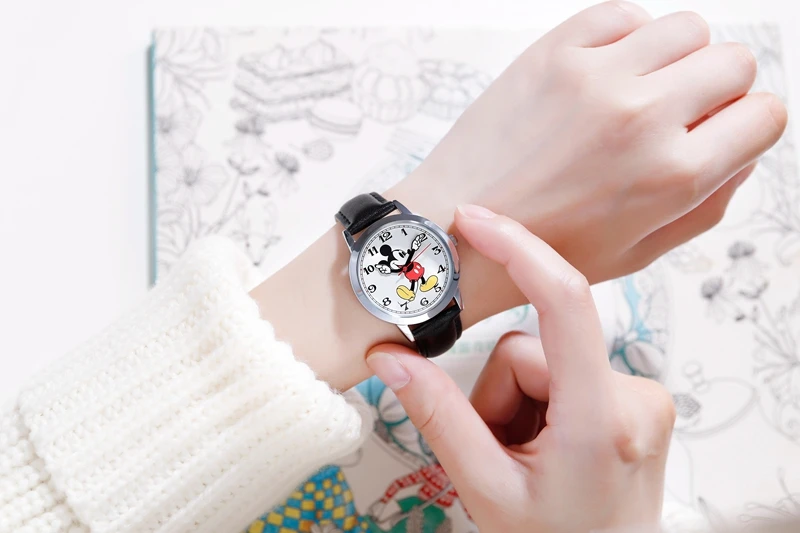 Модные женские часы из натуральной кожи, кварцевые часы disney Cuties Girl, женские модные часы с Микки Маусом, водонепроницаемые женские часы