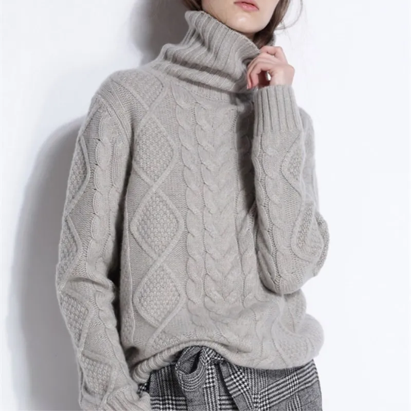 Turtle-Neck Sweater Women's Cable Cashmere Pullover Knitted Versatile Long-Sleeve Base Thick Loose-Fit | Женская одежда