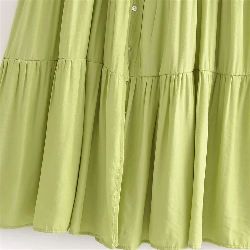 

Summer Women Dress 2021 Za Casual V-neck Short Sleeve Tiered Long Dresses Green Pleated Button Up Flounced Edge Hem Woman Dress