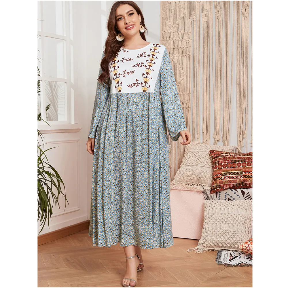 

Plus Size Printed Long Dress Kaftan Muslim Women Arabic Abaya Islamic Clothing Ramadan Dubai Embroidery Patchwork Jilbab Fashion