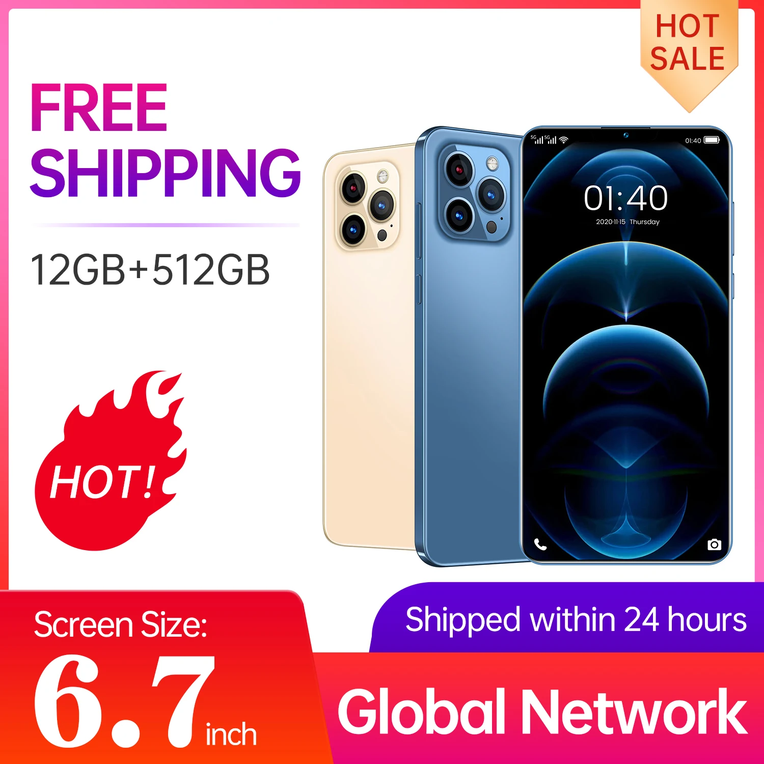 

Smartphone Phone i12 Pro Max 6.7" Dual SIM Andriod10 Deca Core Snapdragon888 12GB RAM 512GB ROM 32MP 5200mah Cellphone