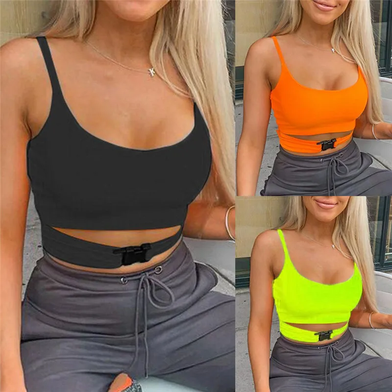 

2021 Summer Sexy Women Sling Personalized Buckle Straps Crop Tops Tank Summer Casual Sleeveless Short Vest Clubwear New Fashion