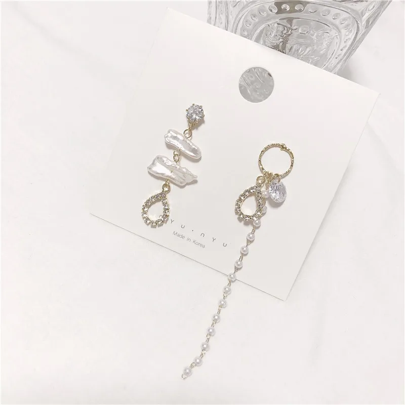 

Ins Hot Sale 14K Real Gold Baroque Pearl Drop Asymmetrical Long Temperament Stud Earrings for Women Cubic Zircon ZC Earrings