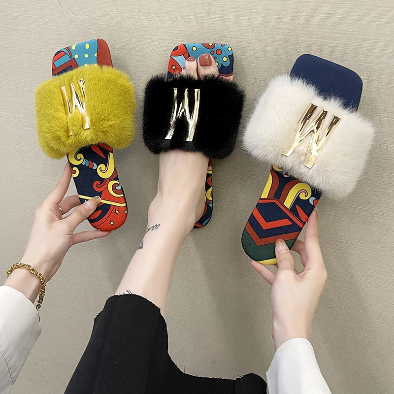 

New Autumn Fur Plush Women Slides Flat Slippers Beauty Buckle Lady Flip Flops Furry Slippers Winter Warm Plus Size Women Shoes