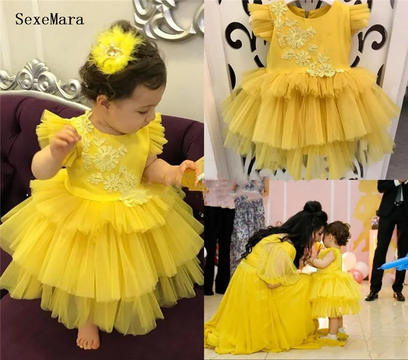 

Baby Girls Clothes Yellow Puffy Tulle Lace Top Flower Girl Dress Infant First Birthday Party Gown 9M 12M 18M 24M