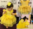 Одежда для маленьких девочек желтое Пышное фатиновое кружевное платье с цветочным узором для девочек платье для празднования первого дня рождения для малышей 9, 12, 18, 24 месяцев
