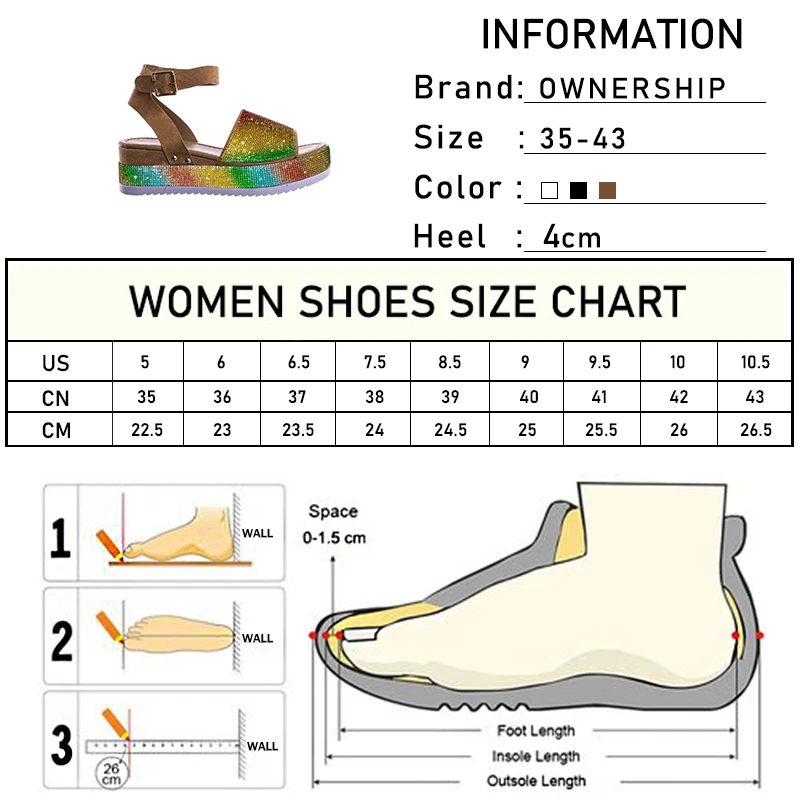 

2021 Women Peep Toe Crystal Bling Platform Buckle Sandals Woman Summer Fashion Flats Female Casual Shoes Ladies Big Size 43