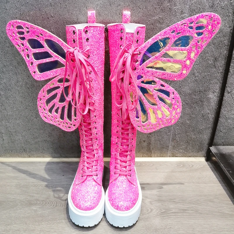 

Handmade women's boots early spring heavy industry pink shiny butterfly wings women's boots over the knee boots