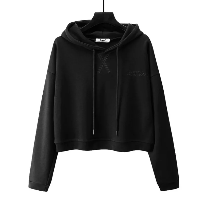 

Autumn Winter Harajuku Fashion Crop Sweater Short Sweatshirt Hooded Round Neck Long Sleeve Sweater Women's Pullover Short Top
