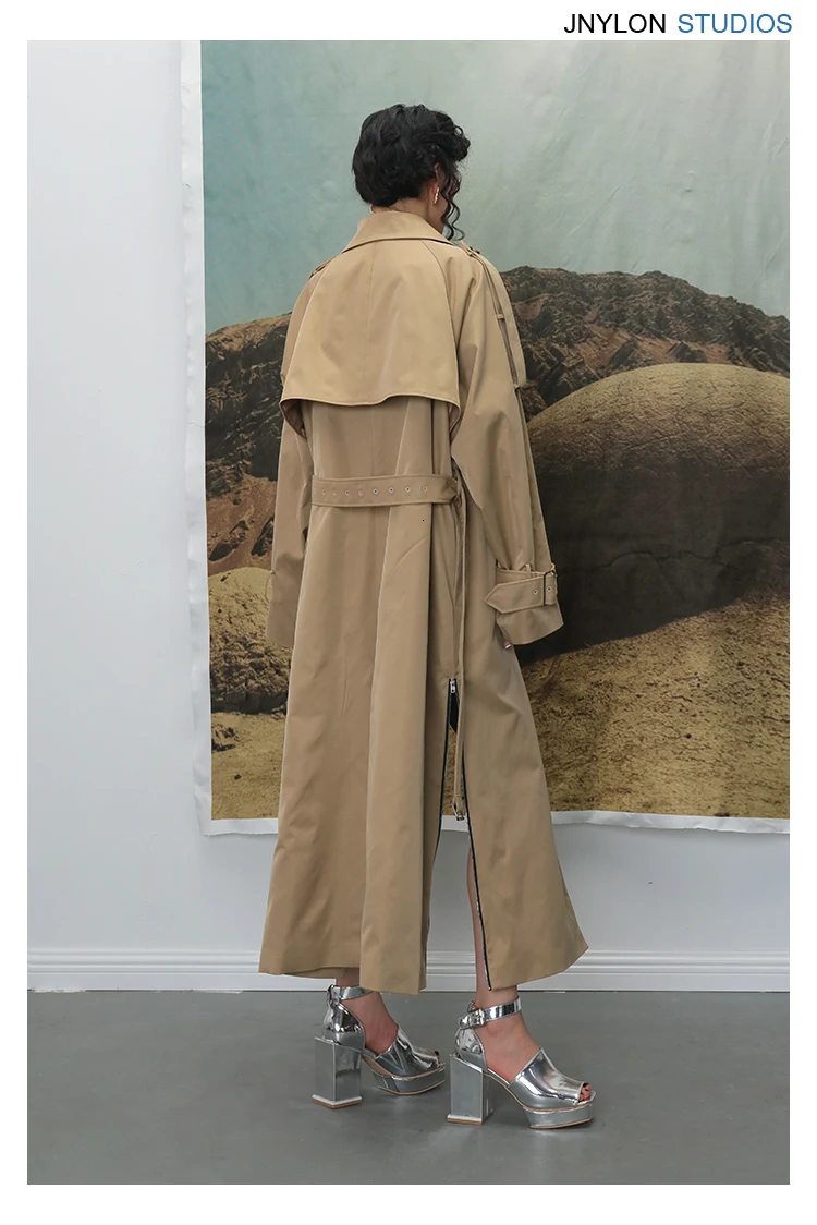 DEAT Autumn And Winte Turn-down Collar Patchwork Printed Maps Batwing Sleeves Waist Belt Female Trench Coat Loose WJ27004L