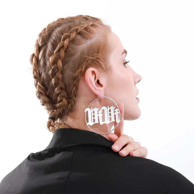 Stainless Steel Big Hoop Name Earrings For Women Personalize Jewelry 70MM Rose Gold Color Custom Old English Name Earring Brinco